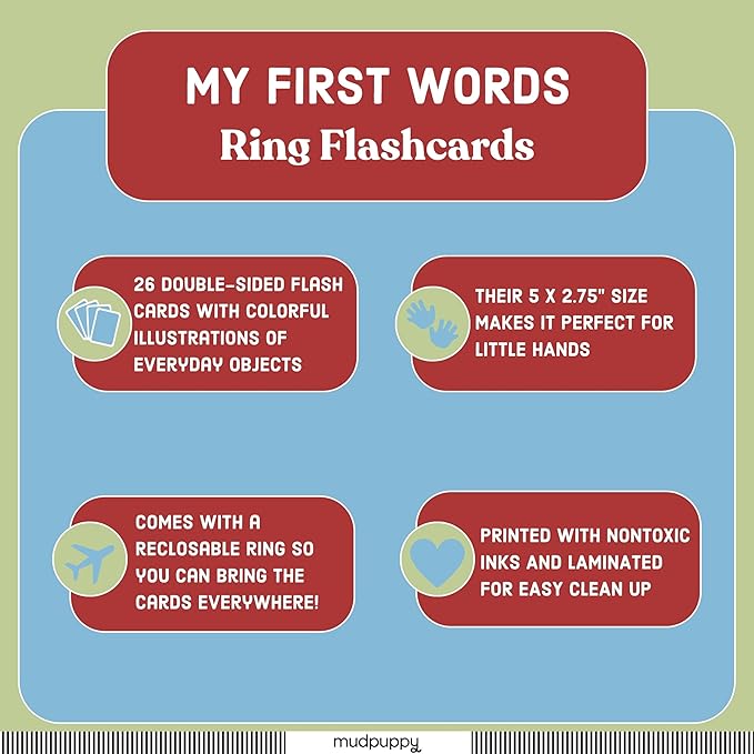 Mudpuppy My First Words — Ring Flashcards 26 Durable Double Sided Word Cards and Reclosable Ring with Colorful Art for Babies Ages 1+ Perfect for Preschool Or Travel for Teachers and Parents