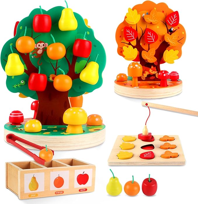 INIFEIDALA Montessori Toys for 3 4 5 6 Year Old - Wooden Sensory Toy for Toddlers - Shape Sorting Puzzle for Fine Motor Skills - Apple Picking Magnetic Tree Toy,Hand-Eye Coordination,Color Recognition