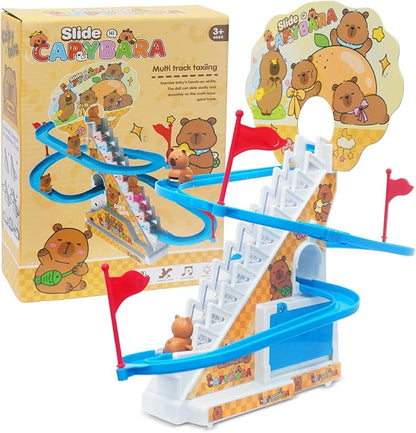 Roller Coaster Toys for Toddlers, Climbing Stairs Slide Toy Set with Flashing Lights & Music On/Off Button, Birthday Capybara Gifts for Boys Girls Kids