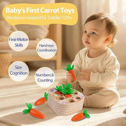 KMTJT Montessori Wooden Carrot Harvest Toy - Shape Sorting & Matching Game for Toddlers 1-3 Years, Fine Motor Skills Development, Educational Easter Birthday Gifts for Baby Boys & Girls (Red)