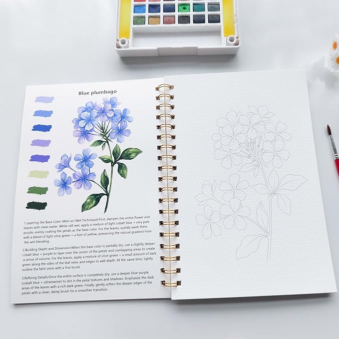 Watercolor Workbook 15 Beautiful Flowers Paintings for Adults &Teens Beginners,Water Coloring Book 140lb Cold Press Cotton Watercolor Paper-Ideal Gifts to Spark Creativity Stress Relief(10.2" x 6.9")