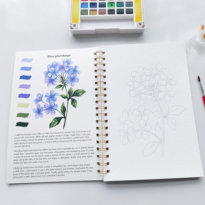 Watercolor Workbook 15 Beautiful Flowers Paintings for Adults &Teens Beginners,Water Coloring Book 140lb Cold Press Cotton Watercolor Paper-Ideal Gifts to Spark Creativity Stress Relief(10.2" x 6.9")
