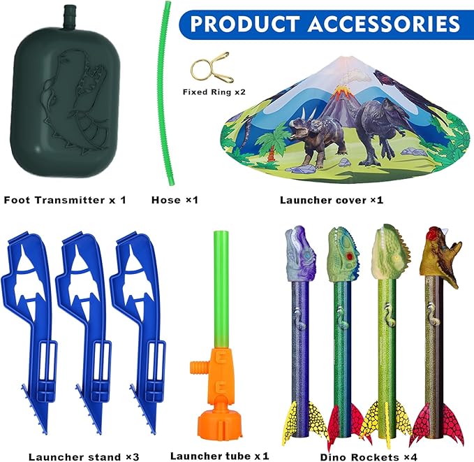 Gizzjoy Dinosaur Toy Rocket Launcher for Kids - Launch Up to 100 Ft, 4 Rockets, Outdoor Outside Toys for Kids, Dinosaur Toys, Birthday Gifts for 3 4 5 6 7 8-12 Year Old Boys Girls