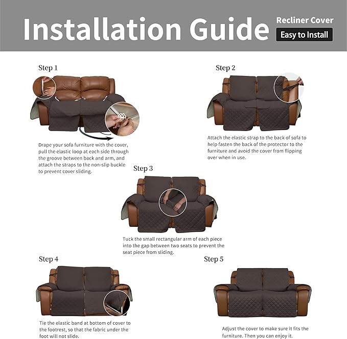 Easy-Going Loveseat Recliner Cover, Reversible Couch Cover for Double Recliner, Split Sofa Cover for Each Seat, Furniture Protector with Elastic Straps for Kids, Dogs, Pets(2 Seater, Chocolate/Beige)