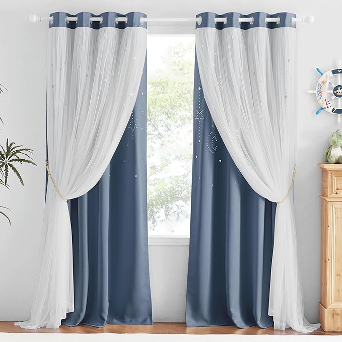 NICETOWN Nursery Curtains for Girls Bedroom Hollow-Out Star Window Curtain 84 inches Length Room Darkening Grommet 2 Layers for Nursery, (Stone Blue, W52 X L63, 2 Panels)