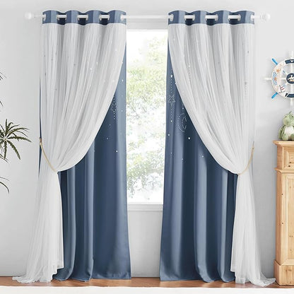 NICETOWN Nursery Curtains for Girls Bedroom Hollow-Out Star Window Curtain 84 inches Length Room Darkening Grommet 2 Layers for Nursery, (Stone Blue, W52 X L63, 2 Panels)
