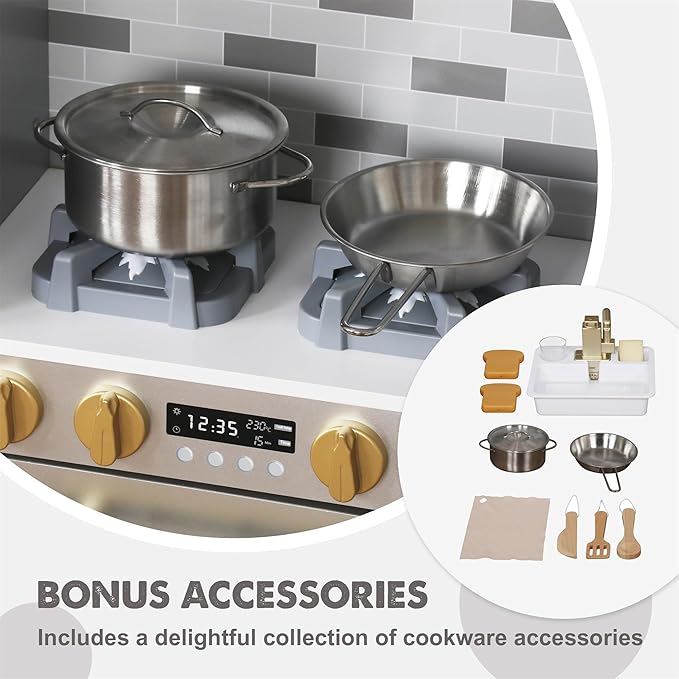 Large Wooden Corner Play Kitchen Sets with Ice Maker,Water Dispenser,Bread Maker,Washing Machine,Electronic Display,Toy Sink with Running Water,Stove with Light&Sounds, Birthday Gift for 3+Boys Girl