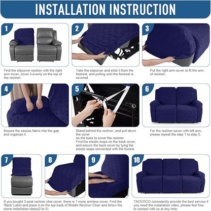 TAOCOCO Recliner Sofa Covers Stretch Reclining Couch Cover, Jacquard Recliner Couch Cover for 3 Seat Furniture Protector Sofa Slipcovers with Elastic Bottom for Kids, Pets (Dark Blue)