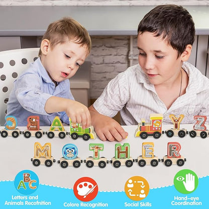 Wooden Alphabet Train Toys Spelling Tool Preschool Toddlers Montessori Educational Game Letter Car Magnetic for Kids Boys Girls 2 3 4 5 Years