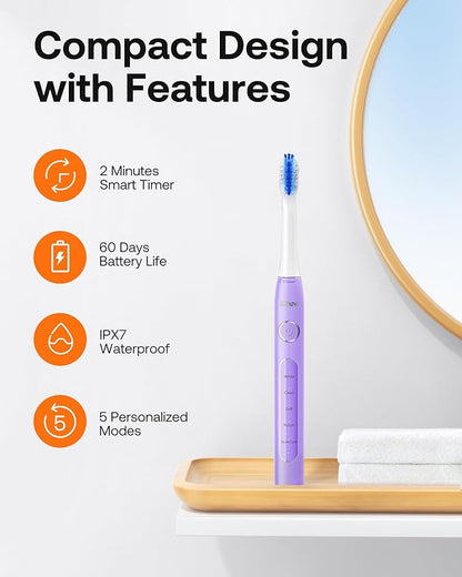 Bitvae Ultrasonic Electric Toothbrush for Adults and Kids, ADA Accepted Travel Electric Toothbrush with Rechargeable 60-Day Battery Life, 8 Toothbrush Heads, 5 Modes, Toothbrush Holder, Purple