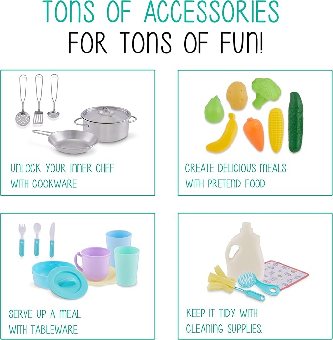 Lil' Jumbl Kids Wooden Pink Color Kitchen Set, Pretend Working Sink with Real Running Water, Includes Range Hood, Microwave & Stove Top That Make Realistic Sound & Light, Full Accessory Set Included