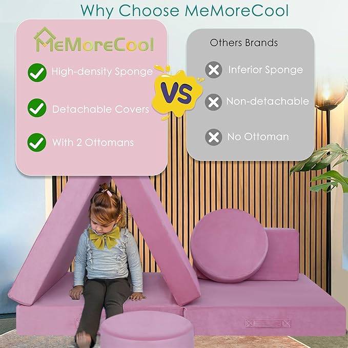 MeMoreCool 8-Piece Modular Kids Play Couch, Pink Convertible Foam Toddler Sofa Play Set for Playroom