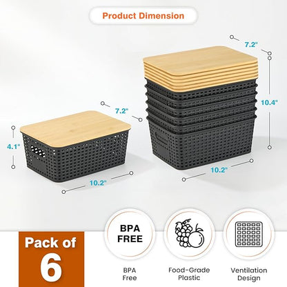 Ohmlove Plastic Storage Baskets With Bamboo Lid - Plastic Storage Containers Stackable Storage bins: Storage Baskets for Organizing Shelves Drawers Desktop Closet Playroom Classroom Office, 6 Pack