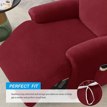 OBCREAT High Stretch Recliner Chair Cover Soft Velvet Recliner Slipcovers 4 Pieces Lazy Boy Recliner Couch Covers Plush Furniture Protector for Kids Pets (Wine Red)