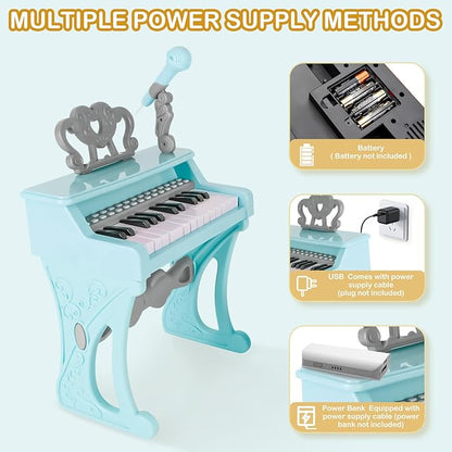 deAO Toddler Piano for Girls 3-6 Years - 25 Key Baby Piano Keyboard with Stool & Microphone-22 Songs Educational Musical Toy, Birthday Christmas Girls Gifts (Blue)