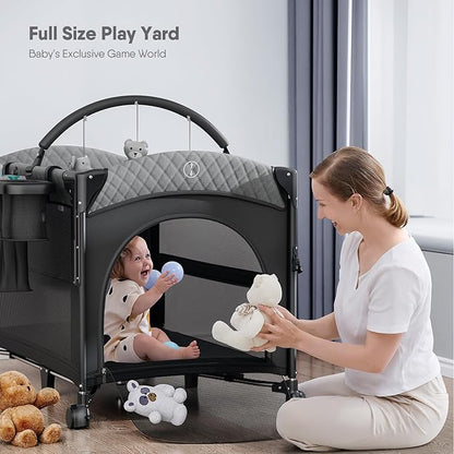 Obee Odee 4 in 1 Baby Bassinet, Pack and Play, Bedside Crib Sleeper, Diaper Changer - Comes with Mattress, Mosquito Net，Bottom Storage and Toy Bar for Newborn to Toddles