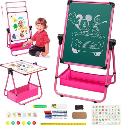 Kids Art Easel Double Sided Iron Easel 29.6inch-44inch Height Adjustable Drawing Board 360° Rotatable Easel Whiteboard & Chalkboard Standing Art Easel for Kids Boys Girls 3+