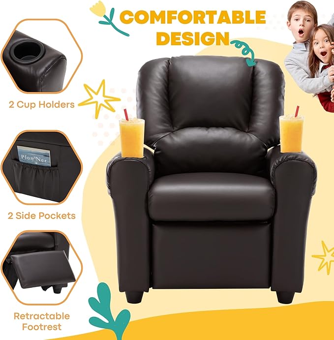 JC HOME Candy Kids Reclining Chair Leather Recliner Sofa Toddler Youth Children Child Ages 1-6