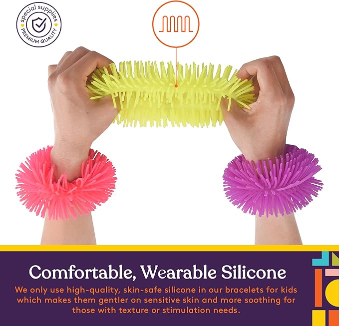 Special Supplies Squishy Fuzzy Band Bracelets for Kids, 6 Pack, Flexible and Stretchy Wearable Sensory Toys, Tactile Silicone Squiggly Touch, Bright and Colorful Wristbands