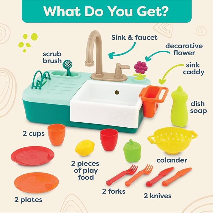 B. toys- Splash-n-Scrub Sink- Pretend Play Color Changing Playset – Toy Kitchen Sink – Faucet & Running Water, Dishes, Play Food- 3 Years + (15 Pcs)