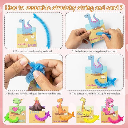 Valentines Day Cards for Kids- 24Pcs Dinosaur Valentines Cards with Glow in Dark Dinosaur Stretchy String Sensory Fidget Toys for Kids Valentines Party Favors Classroom Exchange Gifts School Supplies