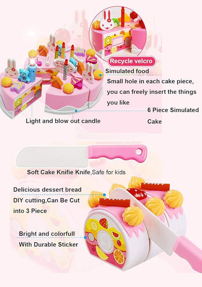 DIY Cutting Birthday Cake Toys, Play Kitchen Food Kids Pretend Play,Light and Music Birthday Cake Toy Kids Girls Gift with Blowable Candle (83PCS with Light,Pink)