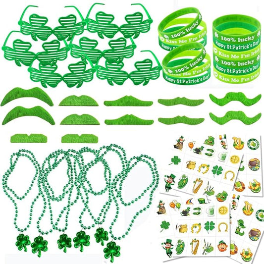 108PCS St. Patrick's Day Party Favor Dressing-up Accessories with Shamrock Eyeglasses Beaded Necklace Temporary Tattoos Mustache Bracelets Set