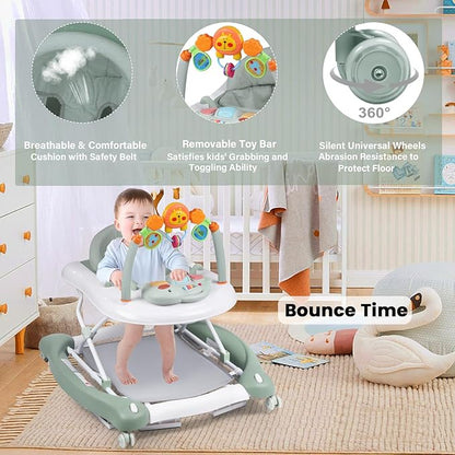 Boyro Baby Baby Walker, 5-in-1 Baby Walkers for Boys and Girls 6-12 Months with Bouncer, Removable Footrest, Feeding Tray & Music, Foldable & Adjustable Activity Walker for 6-18 Months Toddler Infant