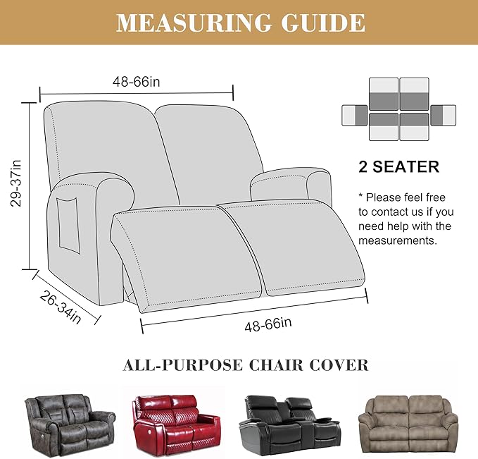 Jin Le 6 Pieces Recliner Cover Stretch Recliner Chair Cover - Reliner, Champagne 2 Seater Recliner Couch Covers Sofa Covers Jacquard Soft Furniture Protector with Elastic Bottom and Ties for Kids/Pets