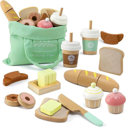 17 PCS Wooden Bakery Toy Food Playset for Kids, Pretend Picnic Play Food for Toddlers 3+, Play Kitchen Accessories with Shopping Bag, Cutting Food Toys, Gift for Girls Boys and Girls