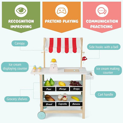 FUTADA Kids Grocery Store Prend Play Cart, Wooden Toy Shop with Ice Cream Toy, Scales, Bell, Chalkboards, Canopy, Wheels, Ice Cream Truck Toys for Kids, Gift for Boys Girls Ages 3+ (Red)