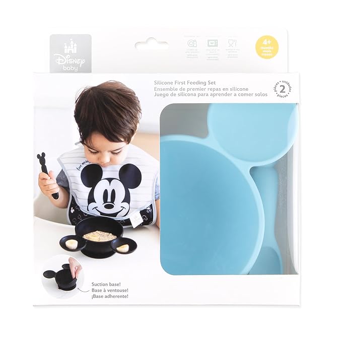 Bumkins Disney Baby Bowl, Silicone Feeding Set with Suction for Baby and Toddler, Includes Spoon and Lid, Essentials for Baby Led Weaning,for Babies 4 Months, Mickey Mouse Light Blue
