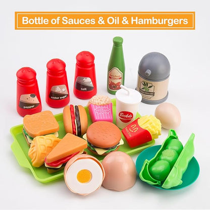 105Pcs Kids Kitchen Toy Accessories, Toddler Pretend BBQ Camping Cooking Playset, Play Pots, Pans, Utensils Cookware Toys, Play Food Set, Vegetables, Learning Gift for Girls Boys (Turquoise)