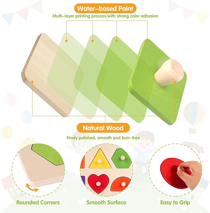 Montessori Wooden Peg Shape Puzzles for Toddlers 1-4, Sturdy Easy-Grip Educational Learning Toys, Perfect Birthday Gifts for Baby Boys Girls
