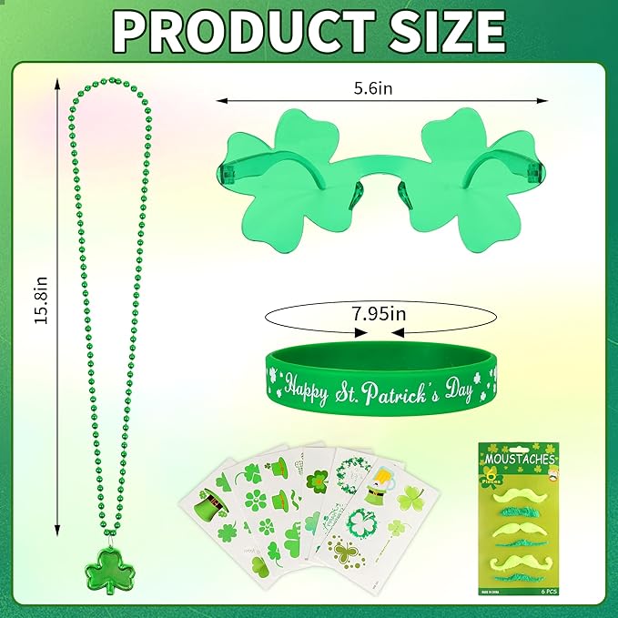 St. Patrick's Day Accessories Green Shamrock Glasses Necklaces Bracelets Temporary Tattoo Stickers Mustaches
