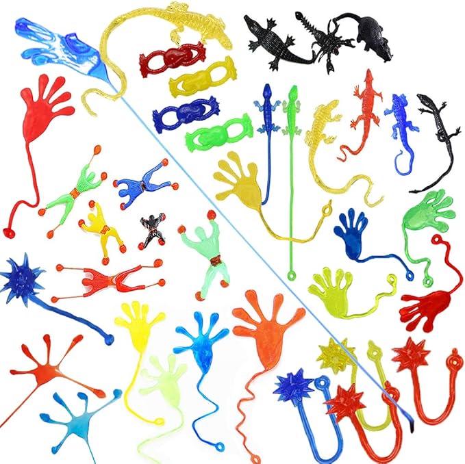 72 Pieces Vinyl Stretchy Sticky Toy Assortment Including Wall Climber Men, Sticky Animals, Large Sticky Hands, Sticky Hammers, Stretchy Flying Frogs and Sticky Frogs