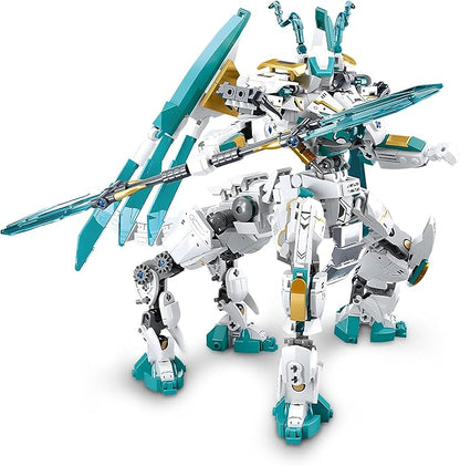 Dragon Transforming Mech Building Blocks Set, 2 in 1 Warrior City Action Robot Model Building Kit, 731 PCS Cool Rider Mech Toys Gift for Adults and Kids Boys 8 10 12+
