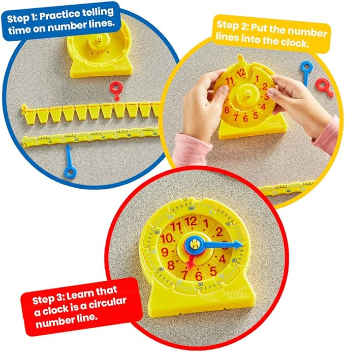 hand2mind NumberLine Clock, Telling Time Teaching Clock, Learn to Tell Time Clock, Analog Classroom Learning Clock, Teaching Time Math Manipulatives, Clocks for Kids Learning to Tell Time (Set of 25)