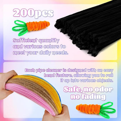 LOKUNN Pipe Cleaners, 200 Pcs Black Pipe Cleaners Craft Set, Solid Color Chenille Stems, DIY Arts and Crafts with Adhesive Eyes and Storage Box, Christmas Mother's Day Decoration Art Supplies