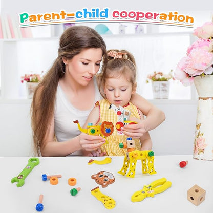 Wooden Animal Tool Box for Kids, Contains Stickers, Screws, Assembly Tools, Animal Building Blocks, Children's Montessori Building Block Assembly Toy, Ideal Gift for Boys and Girls 3，4，5，6