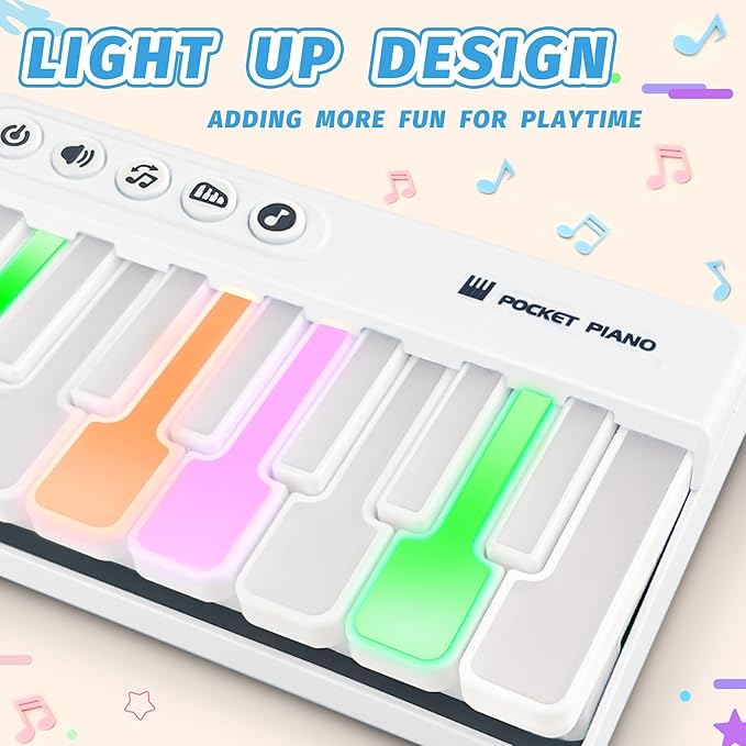 Mini Keyboard Piano Toy, Portable Light Up Pocket Piano for Toddlers Kids (White)