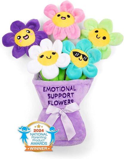 WHAT DO YOU MEME? Emotional Support Flowers by Relatable, Cuddly Stuffed Animals and Plushies Set, Small Gifts for Mom, Includes 5 Flowers Plush Toys with Carrying Basket, for Mom