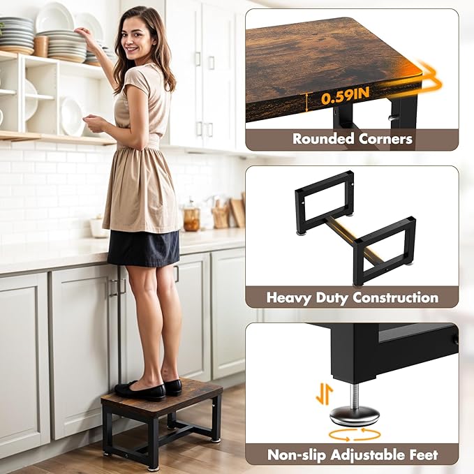 Step Stool, Height-Adjustable Wooden Step Ladder Metal Foot Stool Small Kitchen Stool Helper for Toddler Adults Elderly, Ladder Chair for Home Bedside Bathroom Sink Potty-Black