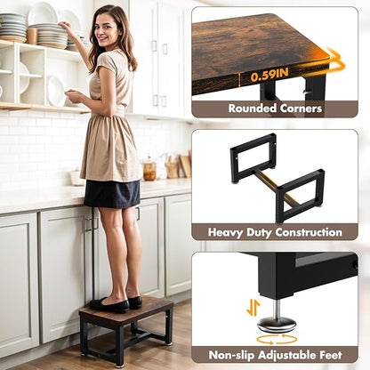 Step Stool, Height-Adjustable Wooden Step Ladder Metal Foot Stool Small Kitchen Stool Helper for Toddler Adults Elderly, Ladder Chair for Home Bedside Bathroom Sink Potty-Black