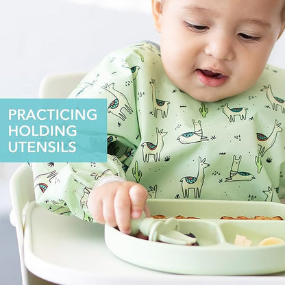 Bumkins Baby Utensils Set, Chewtensils Silicone Spoons for Dipping, Self-Feeding, Baby Led Weaning, Trainer Learning, First Stage Eating, Soft Practice Fork and Spoon, Babies 6 Months, Sage Green