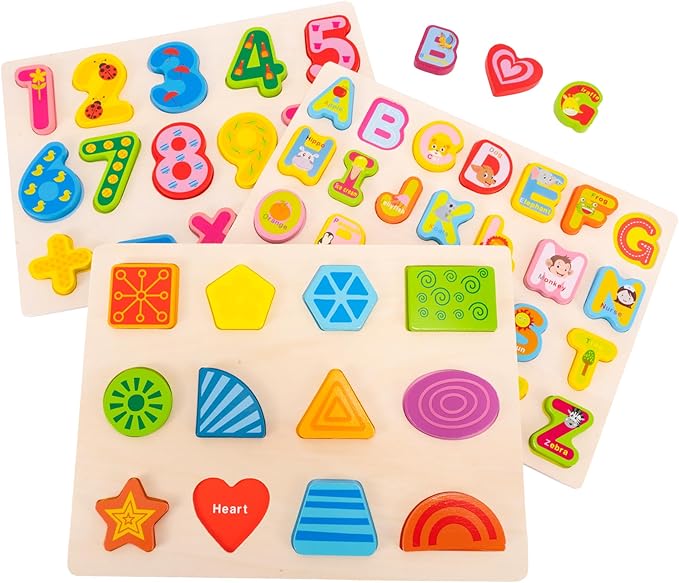 Wooden Alphabet Number Shape Learning Puzzles for Toddlers, 3 in 1 ABC Letter Puzzle Board Set for Kids Ages 3-5 Educational Alphabet Learning Toys for Preschoolers Boys Girls Gifts