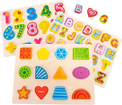 Wooden Alphabet Number Shape Learning Puzzles for Toddlers, 3 in 1 ABC Letter Puzzle Board Set for Kids Ages 3-5 Educational Alphabet Learning Toys for Preschoolers Boys Girls Gifts