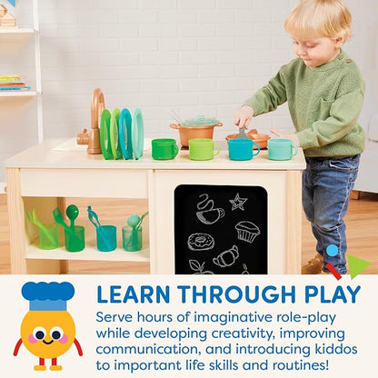 Battat – Play Kitchen & Market – Toddler-Friendly Size – Chalkboard Menu & Oven Dials – 25 Toy Cooking Accessories – 2 Years + – Two n' One Cookin' Fun