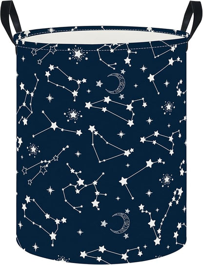 CLOCOR Large Blue Round Laundry Hamper,Kids Toy Storage Basket,Baby Dirty Clothes Nursery Hamper for Boys and Girls,Bedroom,Bathroom,Gift Basket(Starry Sky)