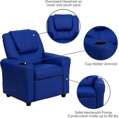 Flash Furniture Vana Vinyl Kids Recliner with Cup Holder, Headrest, and Safety Recline, Contemporary Reclining Chair for Kids, Supports up to 90 lbs., Blue